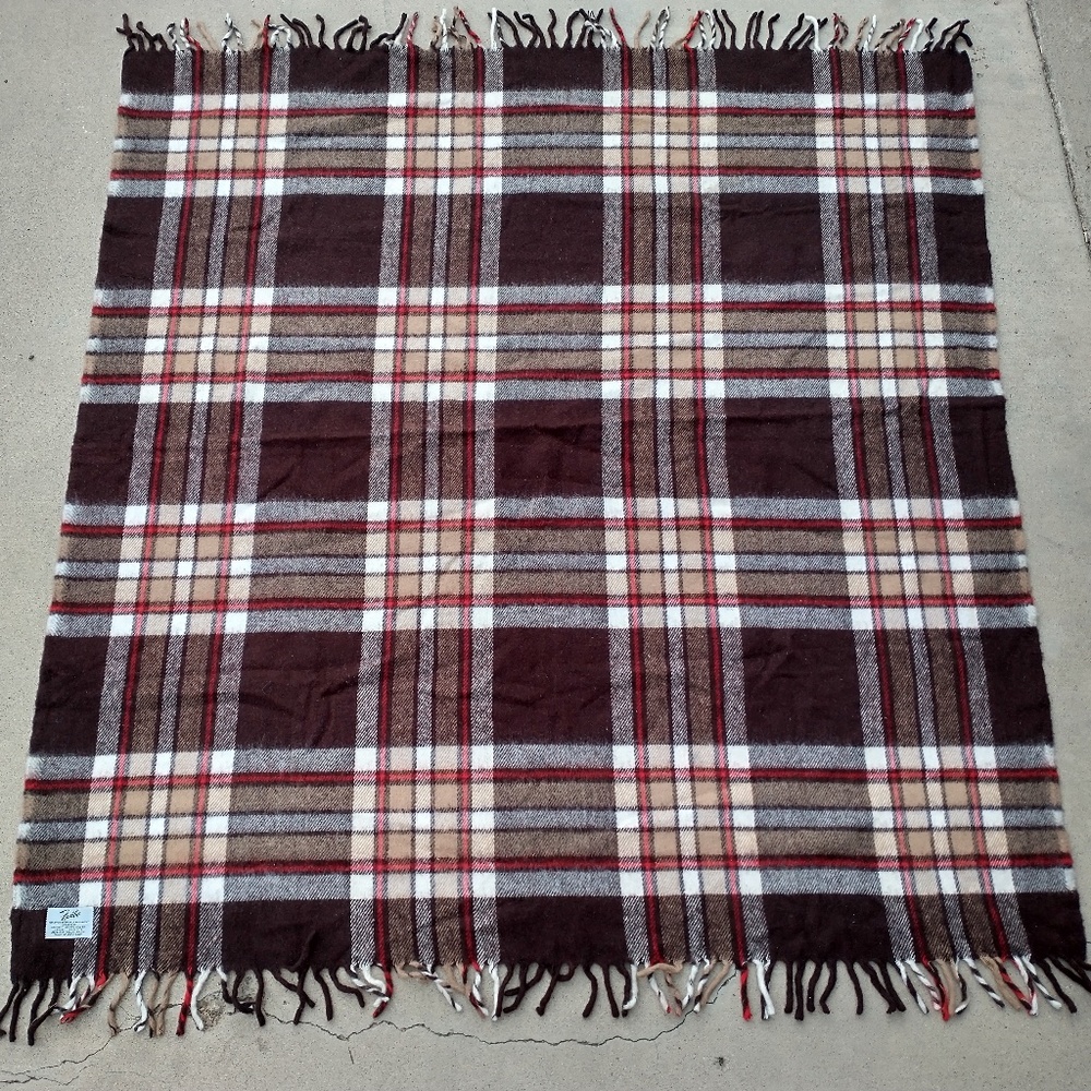 Vintage Faribo Wool Plaid Tartan Throw Blanket Stadium Fringe Brown Red EUC